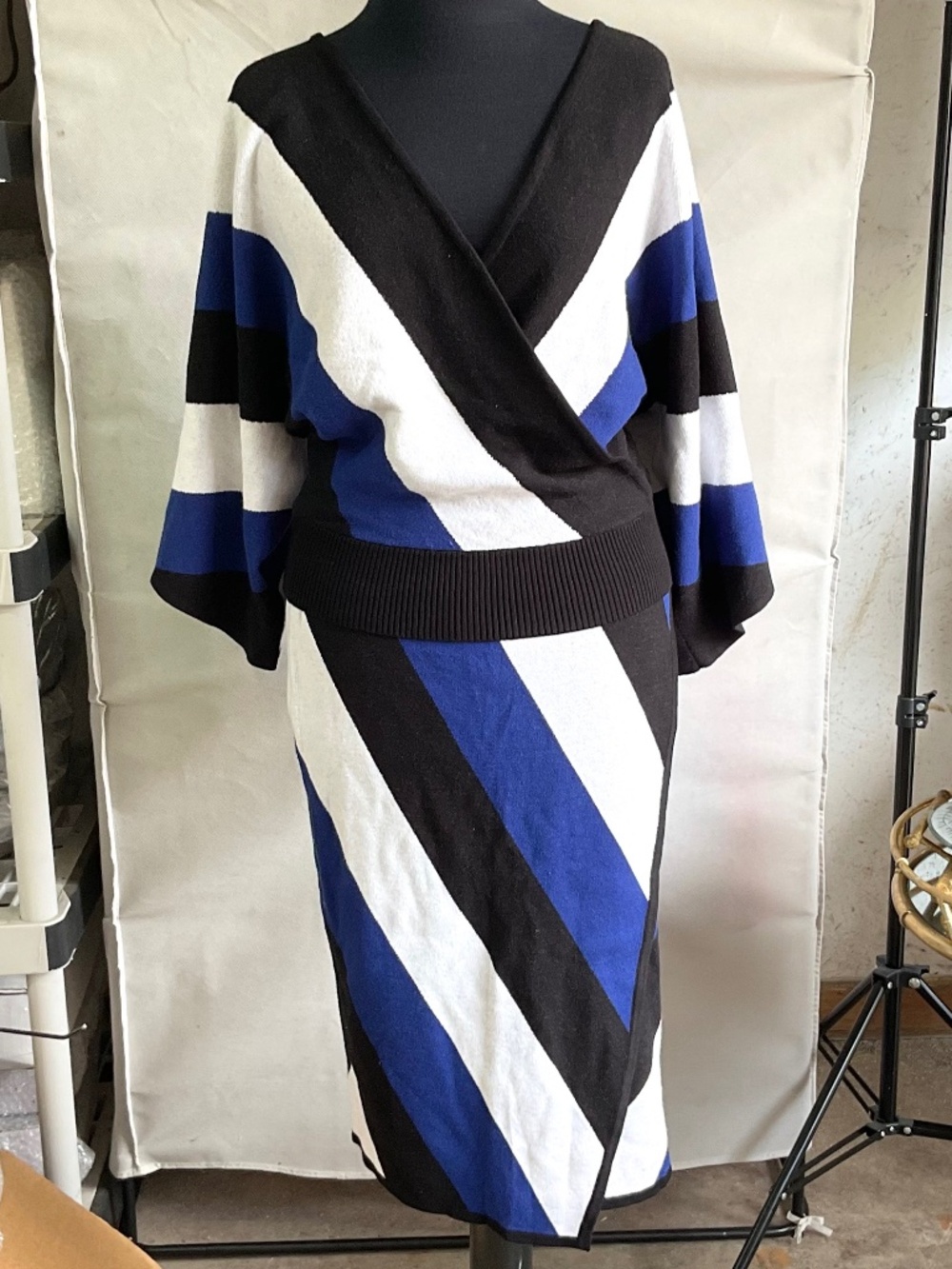 7th Avenue Knit 2 Piece Set Blue Black White Stripe Wrap Sweater Midi Skirt Smal